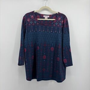 Allison Daley Knit Top Navy Blue Women XL 3/4 Sleeve Geometric Rhinestone Print